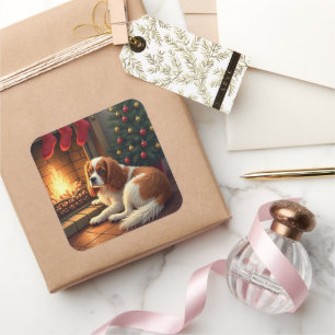 Pegatina Cuadrada Cavalier King Charles junto a la chimenea Navidad