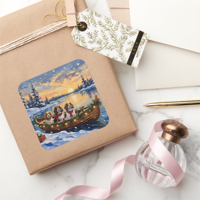 Pegatina Cuadrada Cavalier King Charles Spaniel Christmas Boat (Regalar)