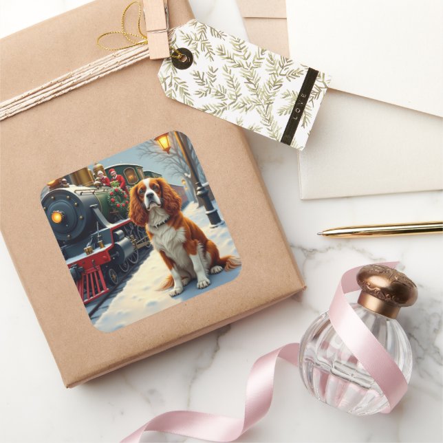 Pegatina Cuadrada Cavalier King Charles Spaniel Christmas Train (Regalar)