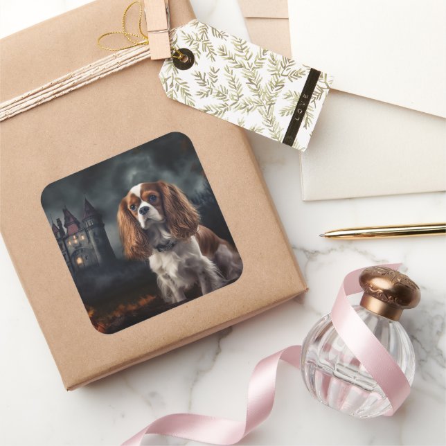 Pegatina Cuadrada Cavalier King Charles Spaniel Halloween Aterrador (Regalar)