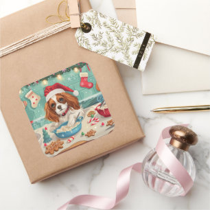 Pegatina Cuadrada Cavalier King Charles Spaniel Horneando Navidad