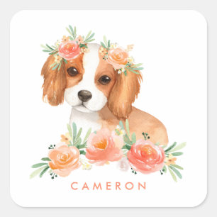 Pegatina Cuadrada Cavalier King Charles Spaniel Naranja Personalizad
