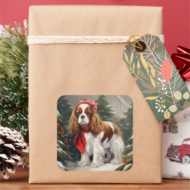 Pegatina Cuadrada Cavalier King Charles Spaniel Perro Navidad (Vacaciones)
