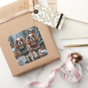 Pegatina Cuadrada Cavalier King Charles Spaniel Perros Navidad Nieve
