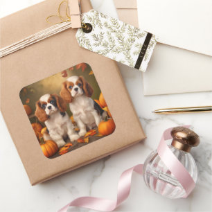 Pegatina Cuadrada Cavalier King Charles Spaniel Puppy Calabaza de ot