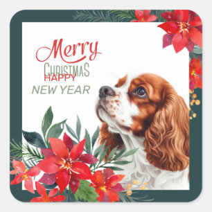 Pegatina Cuadrada Cavalier King Charles Spaniel rojo y blanco Poinse