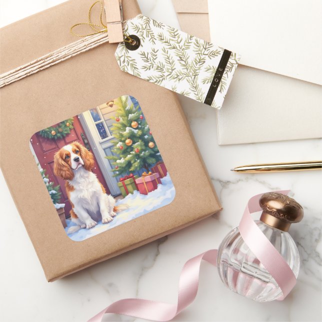 Pegatina Cuadrada Cavalier King Charles Spaniel Snowy Christmas (Regalar)