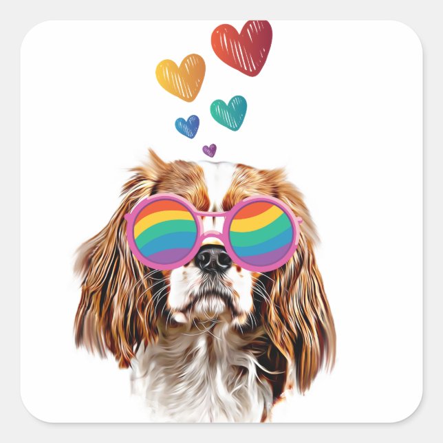 Pegatina Cuadrada Cavalier King Dog con El día de San Valentín del c (Anverso)