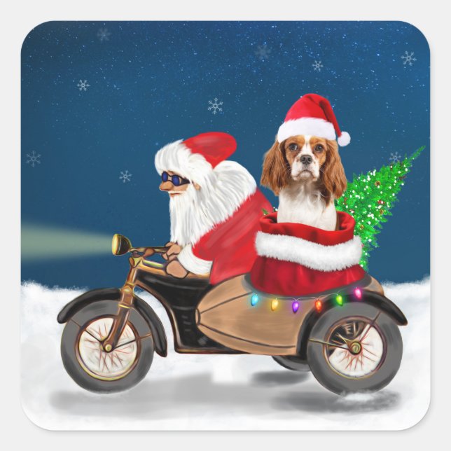 Pegatina Cuadrada Cavalier King Dog Navidades Santa Claus (Anverso)