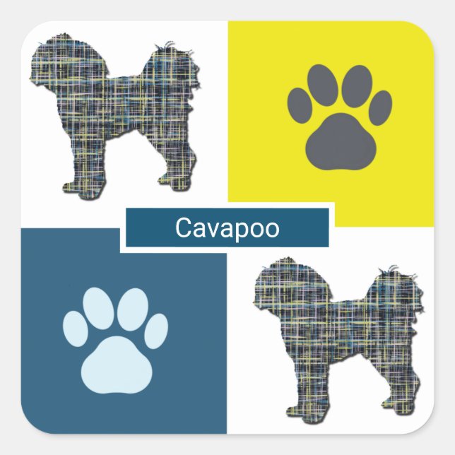 Pegatina Cuadrada Cavapoo Dog Silhouette & Paw Y&B Grid (Anverso)