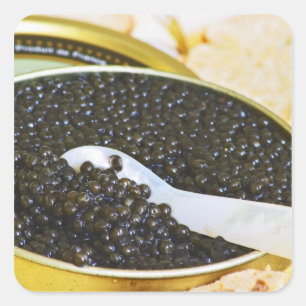 Pegatina Cuadrada Caviar negro y una cuchara de madre de perla a