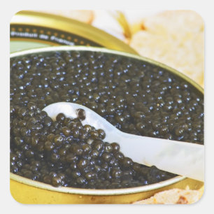 Pegatina Cuadrada Caviar negro y una cuchara de nácar para