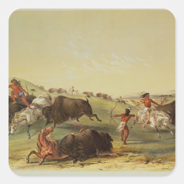 Pegatina Cuadrada Caza de búfalos (Anverso)