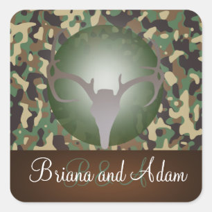 Pegatina Cuadrada Caza personalizada Antlers Camo Boda