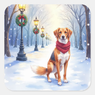 Pegatina Cuadrada Cazador Americano Foxhound Acuarela Poste de nieve
