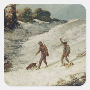 Pegatina Cuadrada Cazadores en la nieve o los cazadores furtivos