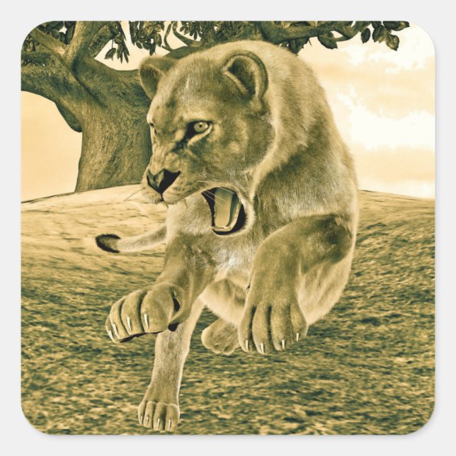 Pegatina Cuadrada Cazando a la leona (Anverso)