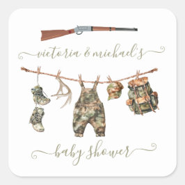 Pegatina Cuadrada Cazando Camo Boy Baby Shower