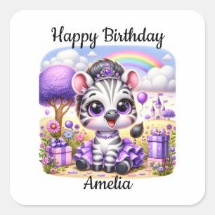 Pegatina Cuadrada Cebra de cumpleaños adorable en Tiara