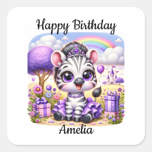 Pegatina Cuadrada Cebra de cumpleaños adorable en Tiara (Anverso)