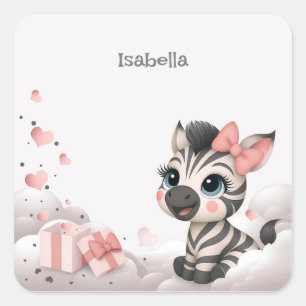 Pegatina Cuadrada Cebra de dibujos animados adorable 