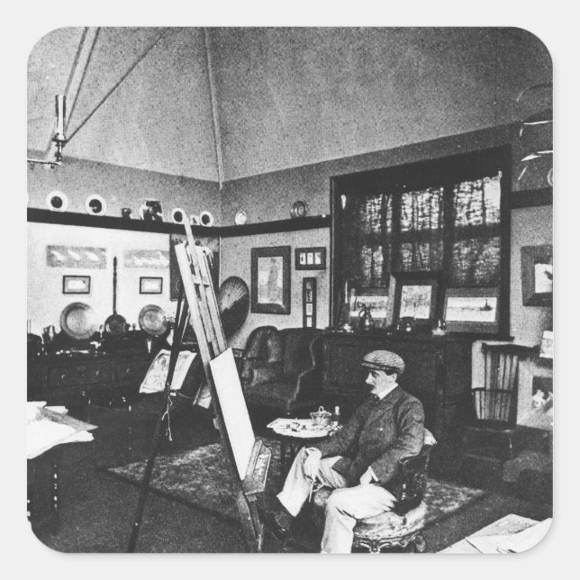 Pegatina Cuadrada Cecil Aldin en su estudio (Anverso)