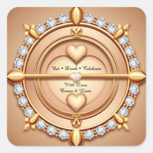 Pegatina Cuadrada 🌷 Celebración de Boda Corazón de Amor en Oro Rosa