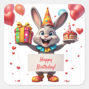 Pegatina Cuadrada Celebración de conejito con regalo y globos 🐰