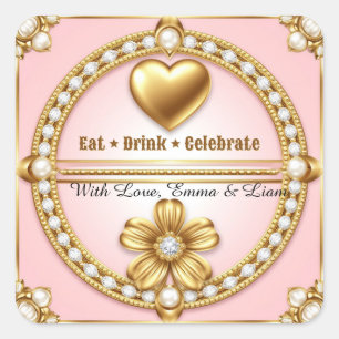 Pegatina Cuadrada 🌹 Celebración de Corazón de Boda en Oro Rosa 💍