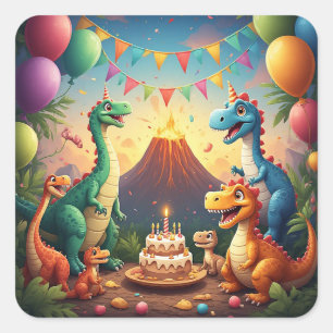 Pegatina Cuadrada 🎈 Celebración de Cumpleaños de Dinosaurio de la J