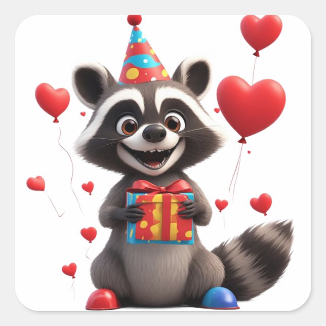 Pegatina Cuadrada Celebración de cumpleaños de mapache adorable 🦝 (Anverso)