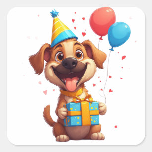 Pegatina Cuadrada 🎂 Celebración de Cumpleaños de Perro Adorable con