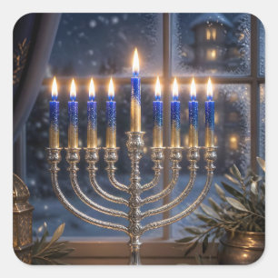Pegatina Cuadrada Celebración de Hanukkah con velas