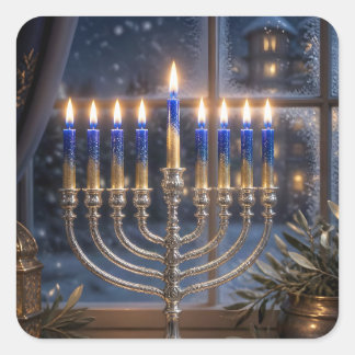 Pegatina Cuadrada Celebración de Hanukkah con velas