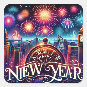 Pegatina Cuadrada Celebración de Medianoche: Feliz Tarjeta de Año Nu