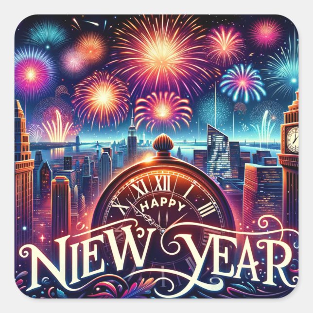 Pegatina Cuadrada Celebración de Medianoche: Feliz Tarjeta de Año Nu (Anverso)