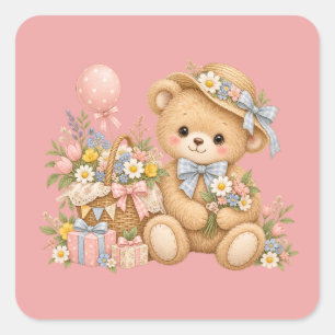 Pegatina Cuadrada Celebración de osito de peluche vintage con flores