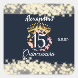 Pegatina Cuadrada Celebración de Quinceanera elegante de plata marin