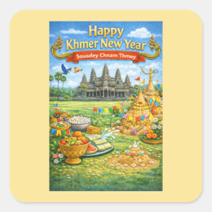 Pegatina Cuadrada Celebración del Año Nuevo Khmer-Sousdey Chnam Thme