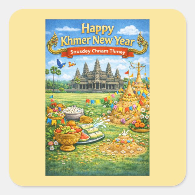 Pegatina Cuadrada Celebración del Año Nuevo Khmer-Sousdey Chnam Thme (Anverso)