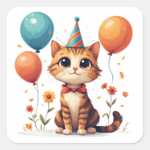 Pegatina Cuadrada Celebración del cumpleaños del gatito con globos y