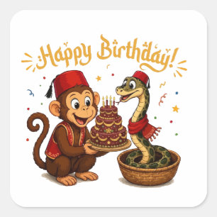 Pegatina Cuadrada Celebración divertida de cumpleaños de mono y serp