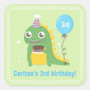 Pegatina Cuadrada Celebraciones de cumpleaños de dinosaurio verde li