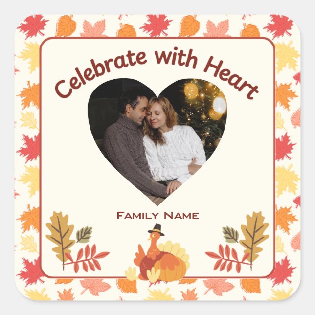 Pegatina Cuadrada Celebrar con corazón - Personalizado de apellido y (Anverso)