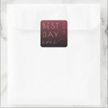 Pegatina Cuadrada Celebratory Maroon Modern Wedding Sticker<br><div class="desc">This wedding sticker features a modern, minimalist design with a gradient background transitioning from deep maroon to black. The phrase "BEST DAY ever" is prominently displayed in bold, uppercase sans-serif letters paired with an elegant cursive script for the word "ever, " creating a striking contrast against the dark backdrop. The...</div>