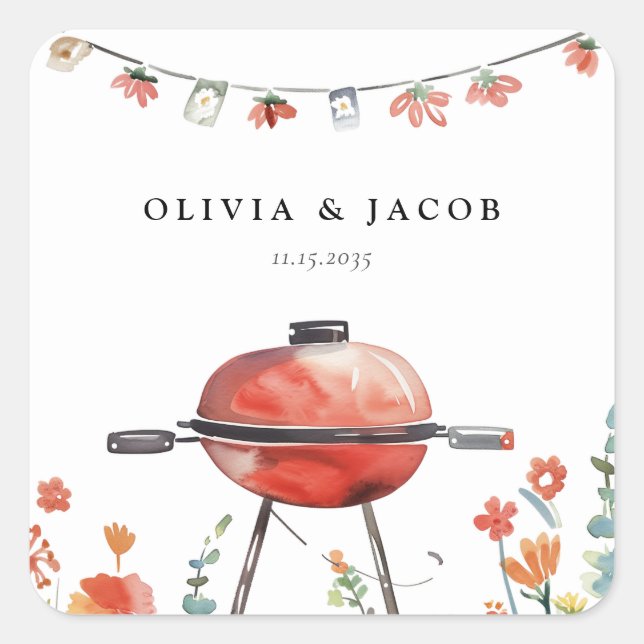 Pegatina Cuadrada Celebremos con la ducha de las parejas de barbacoa (Anverso)