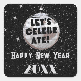 Pegatina Cuadrada Celebremos NYE Disco Ball Black