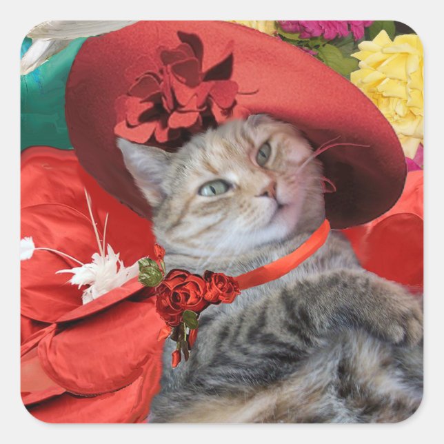 PEGATINA CUADRADA CELEBRITY CAT PRINCESS TATUS CON GORRA ROJO (Anverso)