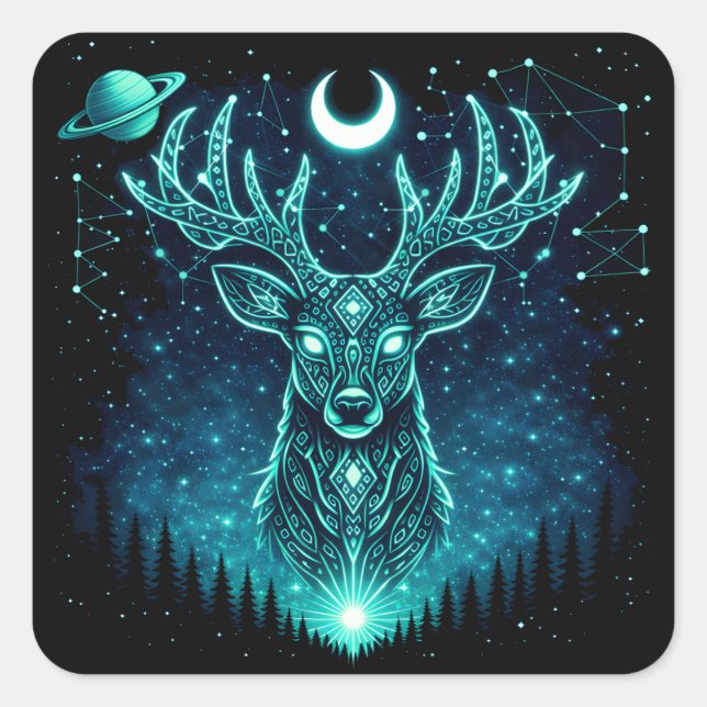 Pegatina Cuadrada Celestial Deer – Starlit Grace Wildlife Galaxy (Anverso)