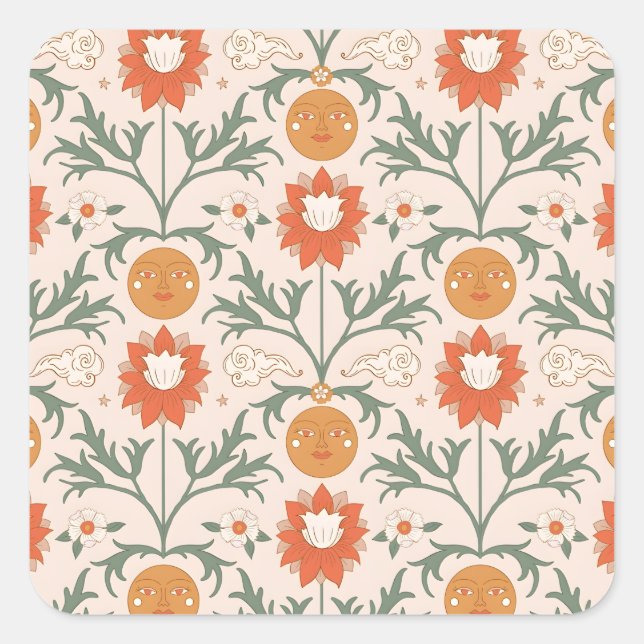 Pegatina Cuadrada Celestial Floral Sunburst Seamless Pattern Design (Anverso)
